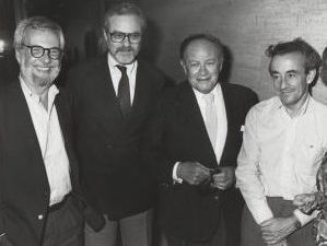 Robert Benton, Alan J Pakula, Joseph Mankowitz, and Louis Malle 1986, NYC.jpg